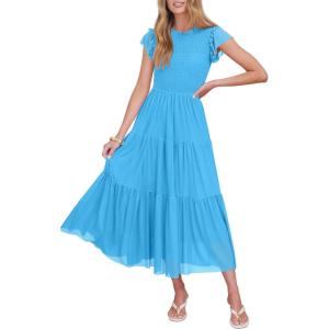 Caracilia Womens Summer Casual Tulle Midi Dresses Ruffle Sleeve Crew Neck Smocked Mesh 2026 Flowy Tiered Wedding Guest Dress(Blue)