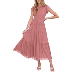 Caracilia Womens Summer Casual Tulle Midi Dresses Ruffle Sleeve Crew Neck Smocked Mesh 2026 Flowy Tiered Wedding Guest Dress(Coral Pink)