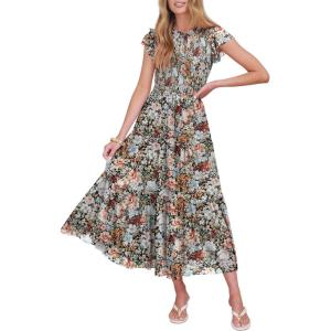 Caracilia Womens Summer Casual Tulle Midi Dresses Ruffle Sleeve Crew Neck Smocked Mesh 2026 Flowy Tiered Wedding Guest Dress(Multi Floral)