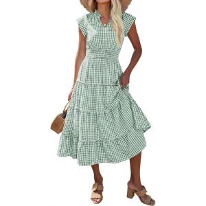 Caracilia Womens Summer Maxi Dress 2026 Casual V Neck Cap Sleeve Ruffle Striped Plaid Flowy Tiered Beach Vacation Sundress(Green Plaid)
