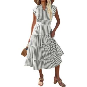 Caracilia Womens Summer Maxi Dress 2026 Casual V Neck Cap Sleeve Ruffle Striped Plaid Flowy Tiered Beach Vacation Sundress(Green White Stripe)