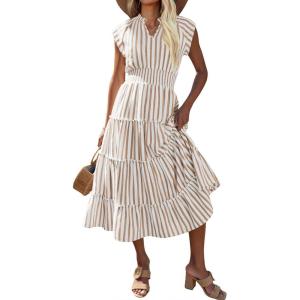 Caracilia Womens Summer Maxi Dress 2026 Casual V Neck Cap Sleeve Ruffle Striped Plaid Flowy Tiered Beach Vacation Sundress(Light Brown White Stripe)