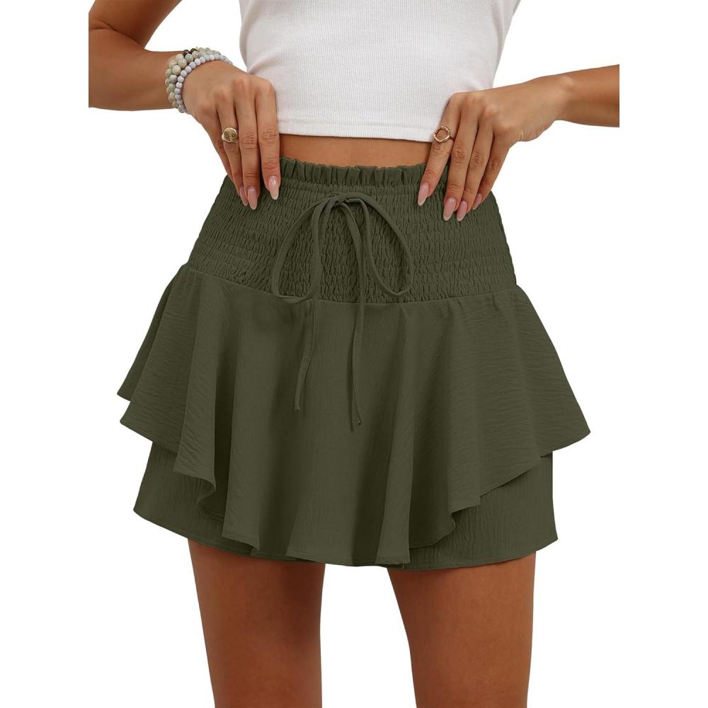 imageCaracilia Summer Shorts for Women Flowy Mini Skirts Elastic High Waist 2026 Tiered Ruffle Casual Golf Tennis Short SkortsArmy Green
