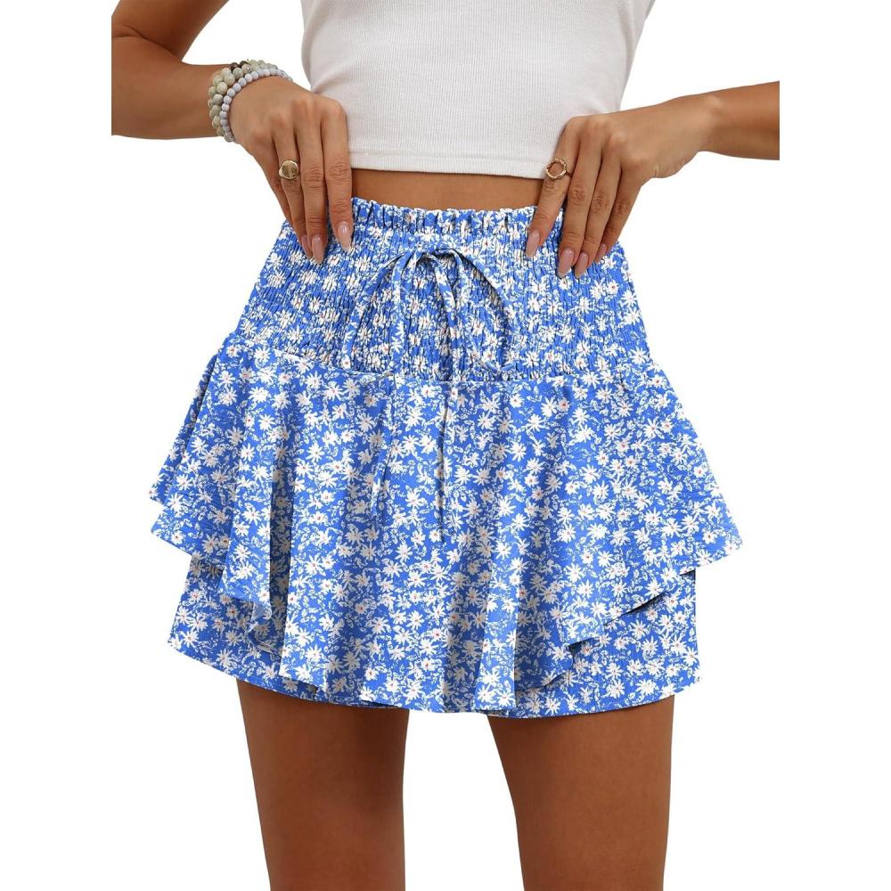 imageCaracilia Summer Shorts for Women Flowy Mini Skirts Elastic High Waist 2026 Tiered Ruffle Casual Golf Tennis Short SkortsBlue White Floral