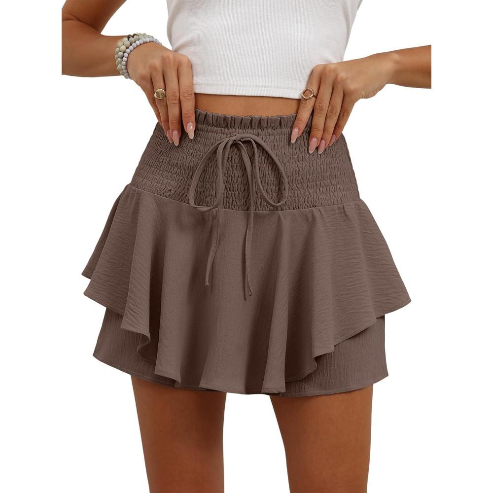 imageCaracilia Summer Shorts for Women Flowy Mini Skirts Elastic High Waist 2026 Tiered Ruffle Casual Golf Tennis Short SkortsBrown