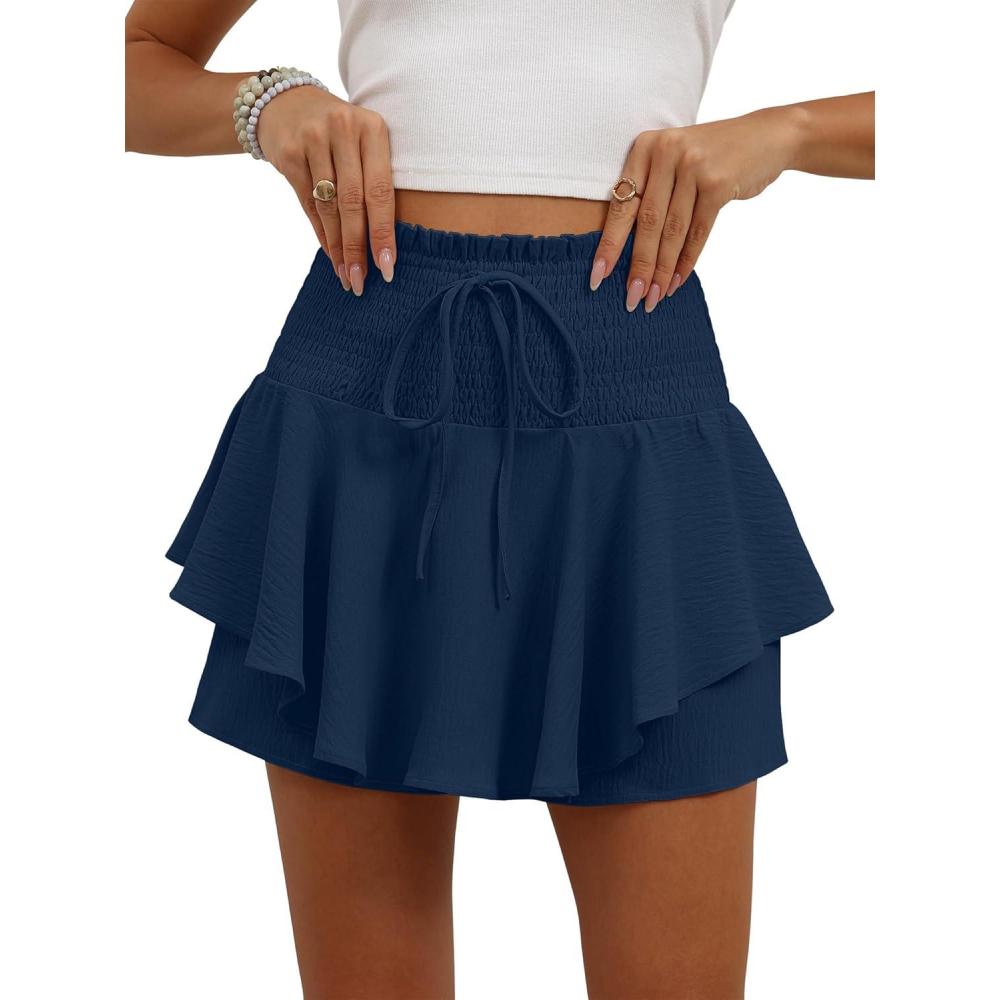 imageCaracilia Summer Shorts for Women Flowy Mini Skirts Elastic High Waist 2026 Tiered Ruffle Casual Golf Tennis Short SkortsNavy Blue