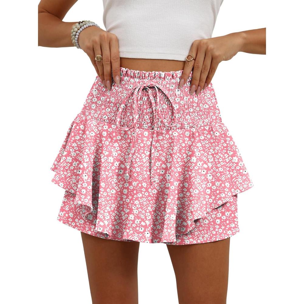 imageCaracilia Summer Shorts for Women Flowy Mini Skirts Elastic High Waist 2026 Tiered Ruffle Casual Golf Tennis Short SkortsPink White Floral