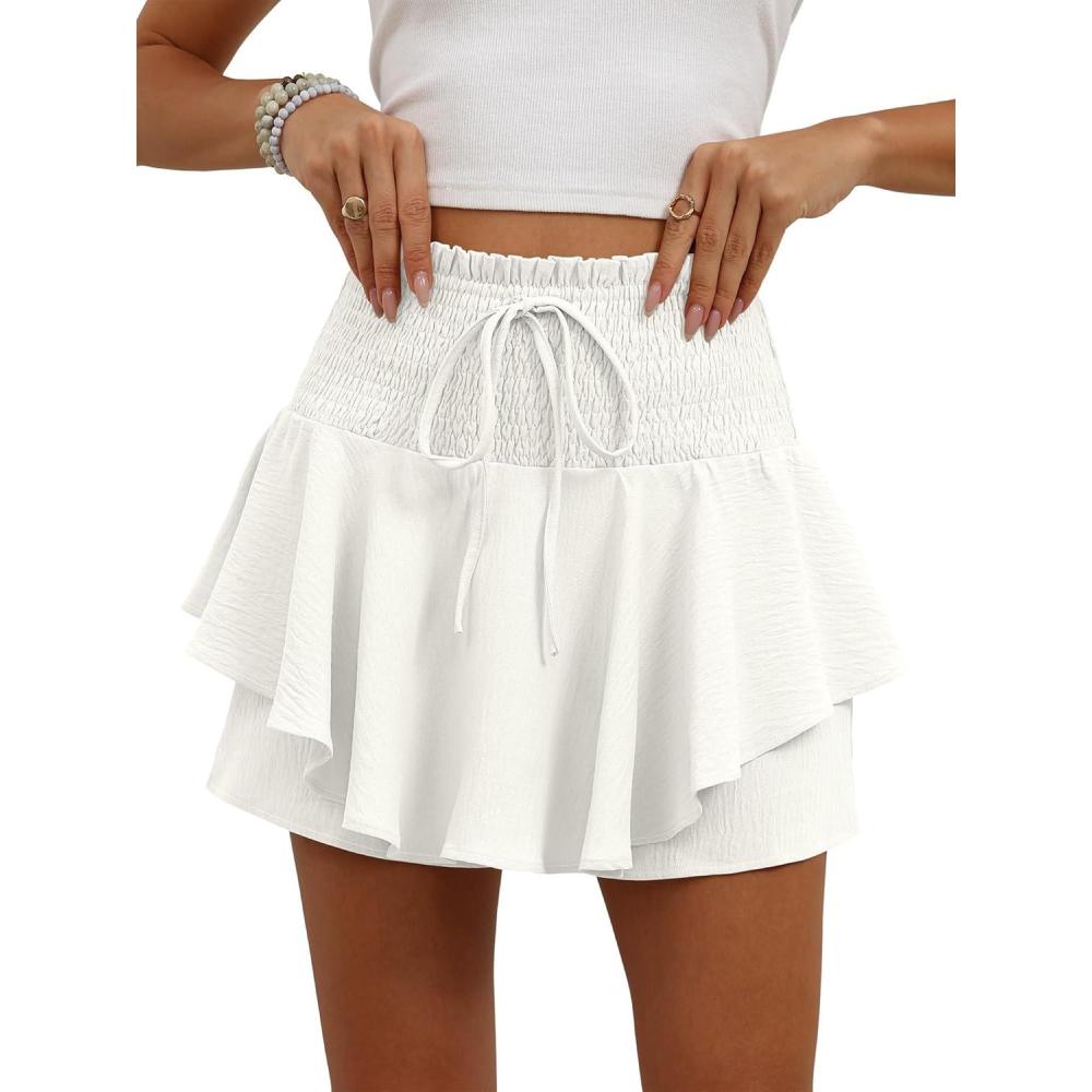 imageCaracilia Summer Shorts for Women Flowy Mini Skirts Elastic High Waist 2026 Tiered Ruffle Casual Golf Tennis Short SkortsWhite