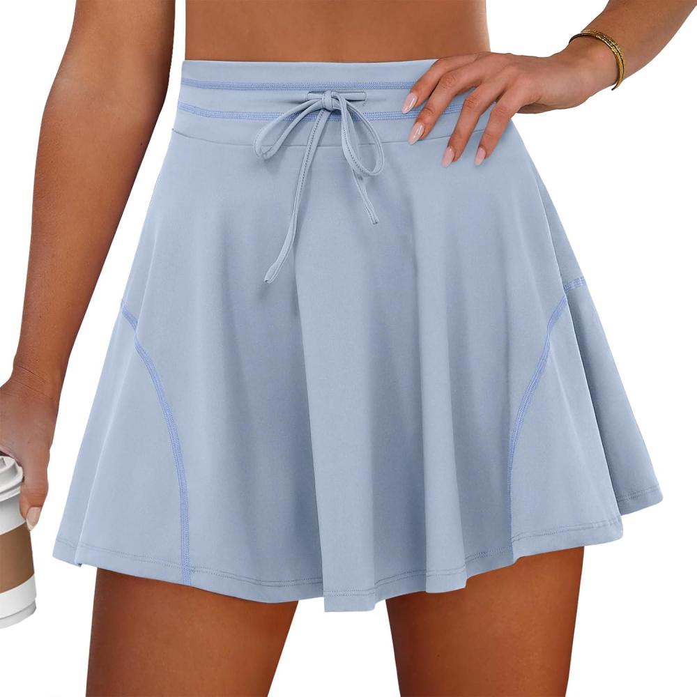 imageCaracilia Womens Tennis Skirts Athletic Mini Skort 2026 High Waisted Drawstring Golf Workout Pickleball Skirt Built in ShortsLight Blue
