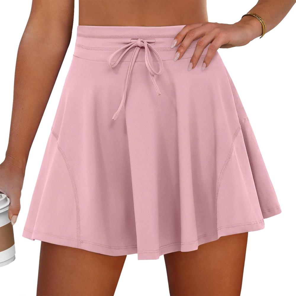 imageCaracilia Womens Tennis Skirts Athletic Mini Skort 2026 High Waisted Drawstring Golf Workout Pickleball Skirt Built in ShortsPink