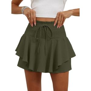 Caracilia Summer Shorts for Women Flowy Mini Skirts Elastic High Waist 2026 Tiered Ruffle Casual Golf Tennis Short Skorts(Army Green)