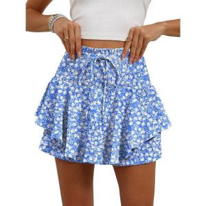 Caracilia Summer Shorts for Women Flowy Mini Skirts Elastic High Waist 2026 Tiered Ruffle Casual Golf Tennis Short Skorts(Blue White Floral)