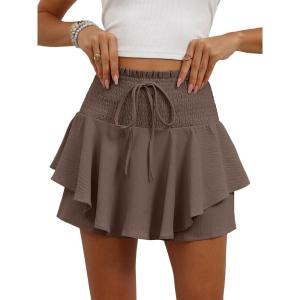 Caracilia Summer Shorts for Women Flowy Mini Skirts Elastic High Waist 2026 Tiered Ruffle Casual Golf Tennis Short Skorts(Brown)