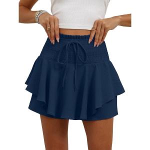 Caracilia Summer Shorts for Women Flowy Mini Skirts Elastic High Waist 2026 Tiered Ruffle Casual Golf Tennis Short Skorts(Navy Blue)
