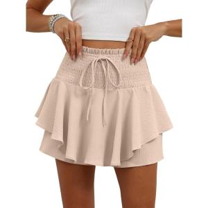 Caracilia Summer Shorts for Women Flowy Mini Skirts Elastic High Waist 2026 Tiered Ruffle Casual Golf Tennis Short Skorts(Parchment)