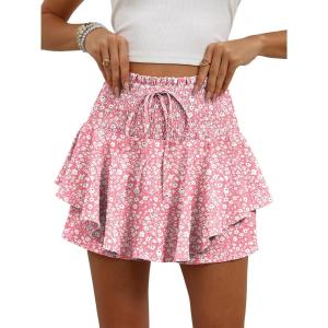 Caracilia Summer Shorts for Women Flowy Mini Skirts Elastic High Waist 2026 Tiered Ruffle Casual Golf Tennis Short Skorts(Pink White Floral)