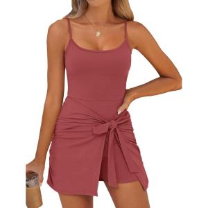 Caracilia Womens Summer Spaghetti Strap Dress Tie Waist Romper Skorts Bodycon Beach Vacation Mini Dresses Built in Shorts(Rust Red)