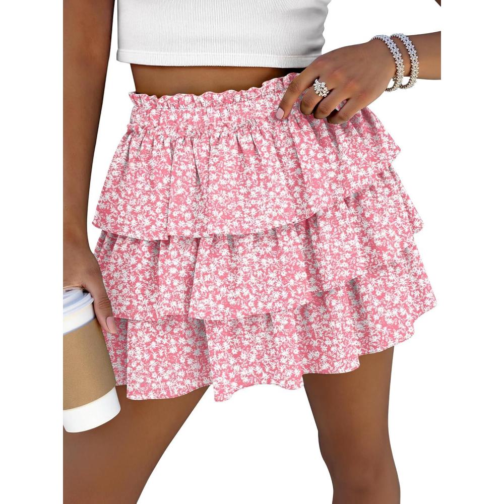 imageCaracilia Summer Skorts for Women Flowy High Waist Ruffle Tiered Mini Skirts 2026 Casual Beach Vacation Skirt Builtin ShortsPink White Floral