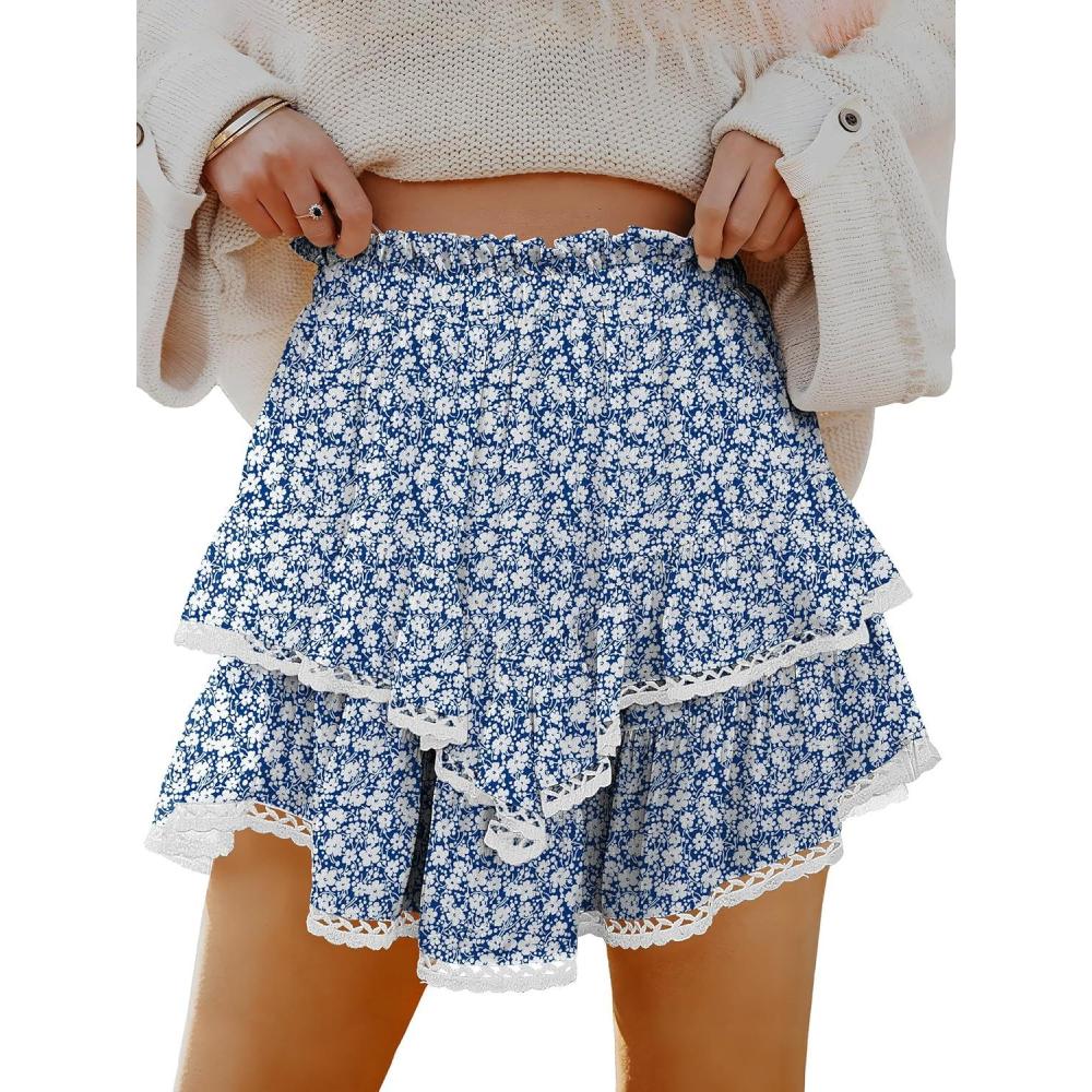 imageCaracilia Women Summer Flowy Mini Skirts Built in Shorts Casual Boho Ruffle Cute Tennis Skorts 2026 Beach Vacation ClothesNavy White Floral