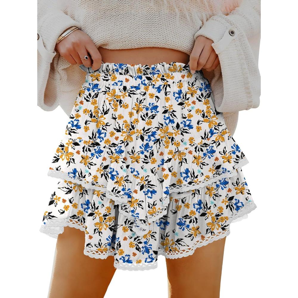 imageCaracilia Women Summer Flowy Mini Skirts Built in Shorts Casual Boho Ruffle Cute Tennis Skorts 2026 Beach Vacation ClothesWhite Blue Yellow Floral