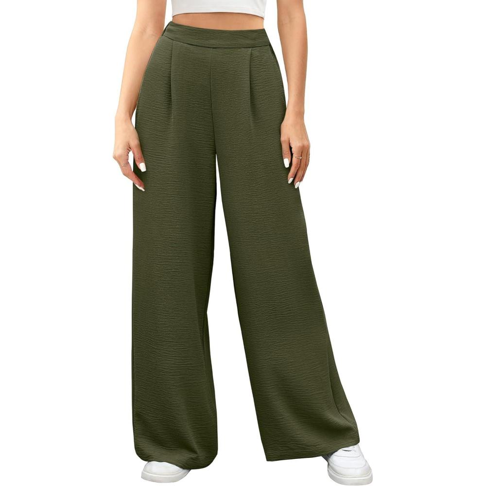 imageCaracilia Women Wide Leg Palazzo Pants 2026 Summer Spring High Waisted Casual Flowy Work Dress Pants Trousers Office SlacksArmy Green