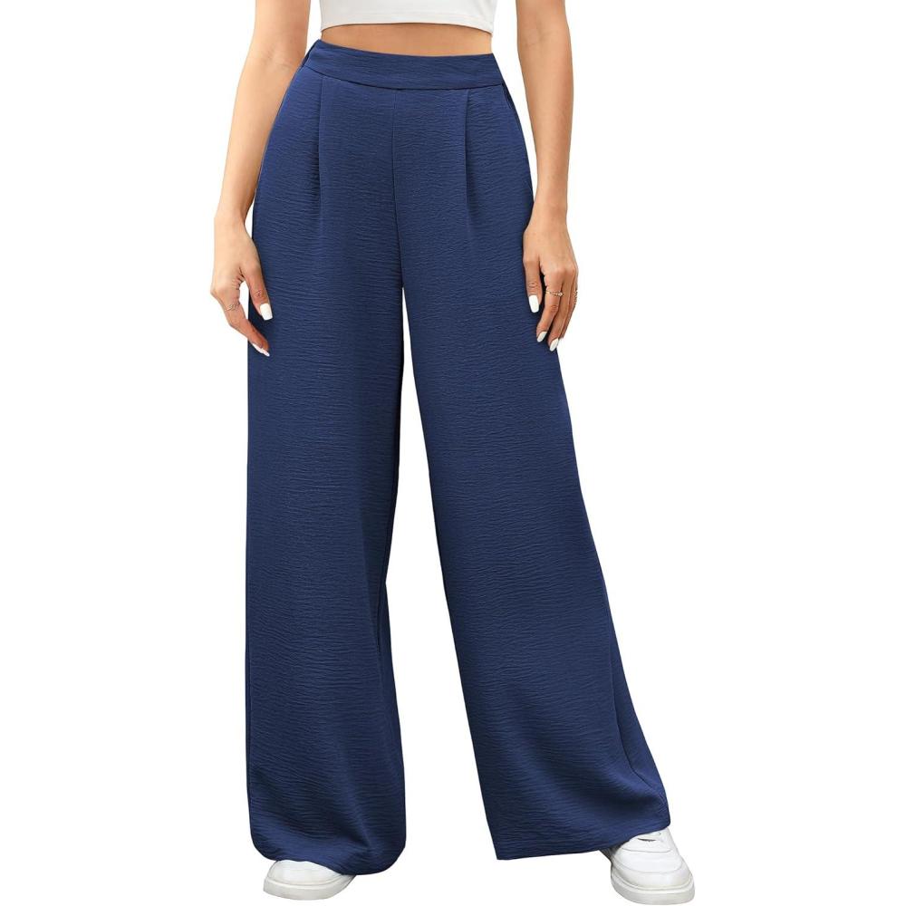 imageCaracilia Women Wide Leg Palazzo Pants 2026 Summer Spring High Waisted Casual Flowy Work Dress Pants Trousers Office SlacksNavy Blue