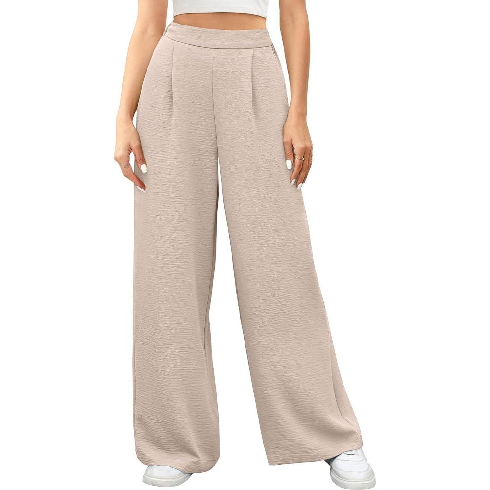 imageCaracilia Women Wide Leg Palazzo Pants 2026 Summer Spring High Waisted Casual Flowy Work Dress Pants Trousers Office SlacksParchment