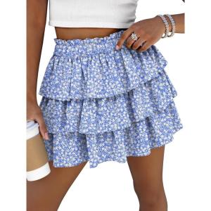 Caracilia Summer Skorts for Women Flowy High Waist Ruffle Tiered Mini Skirts 2026 Casual Beach Vacation Skirt Built-in Shorts(Blue White Floral)