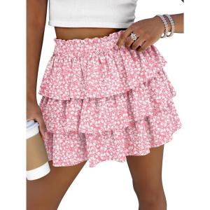 Caracilia Summer Skorts for Women Flowy High Waist Ruffle Tiered Mini Skirts 2026 Casual Beach Vacation Skirt Built-in Shorts(Pink White Floral)