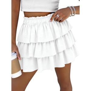 Caracilia Summer Skorts for Women Flowy High Waist Ruffle Tiered Mini Skirts 2026 Casual Beach Vacation Skirt Built-in Shorts(White)