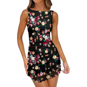 Caracilia Women Sexy Mesh Ruched Mini Dress 2026 Summer Sleeveless Bodycon Boat Neck Club Party Cocktail Short Dresses(Black Floral)