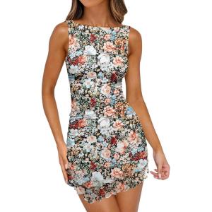 Caracilia Women Sexy Mesh Ruched Mini Dress 2026 Summer Sleeveless Bodycon Boat Neck Club Party Cocktail Short Dresses(Multi Floral)