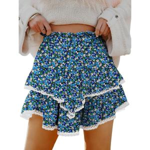 Caracilia Women Summer Flowy Mini Skirts Built in Shorts Casual Boho Ruffle Cute Tennis Skorts 2026 Beach Vacation Clothes(Blue White Floral Black)