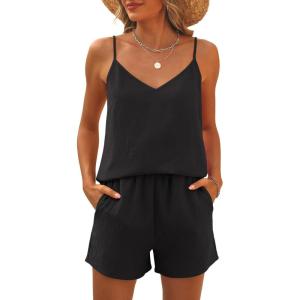Caracilia Womens 2 Piece Lounge Sets Summer Outfits V Neck Tank Top Short Matching Set Casual Travel Beach Vacation Clothes(Black)