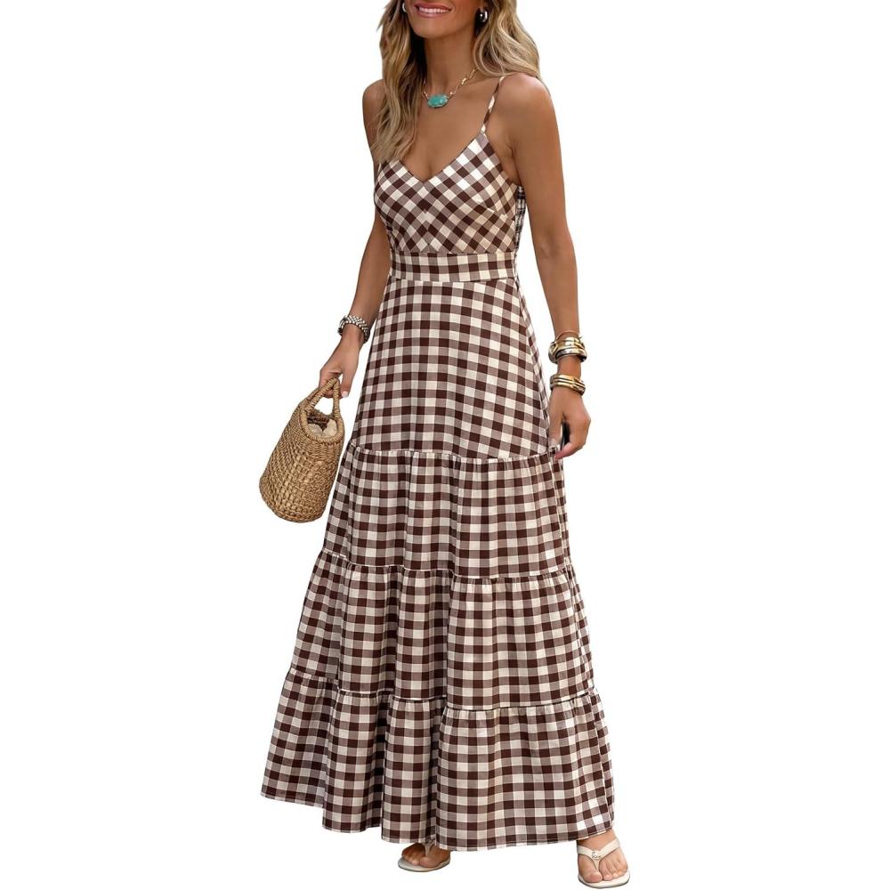 imageCaracilia Summer Maxi Dresses for Women Spaghetti Strap Back Smocked A Line V Neck Casual Long Dress Beach Vacation ClothesBrown White Plaid