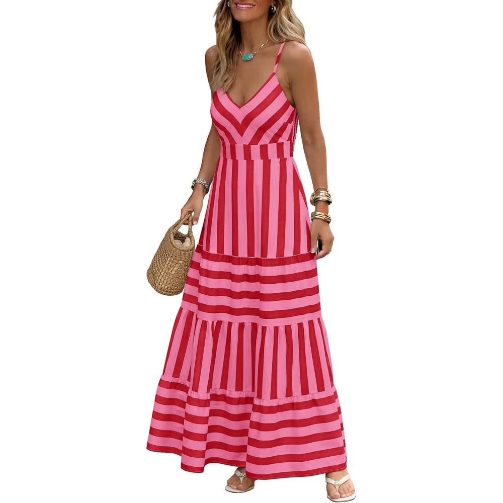 imageCaracilia Summer Maxi Dresses for Women Spaghetti Strap Back Smocked A Line V Neck Casual Long Dress Beach Vacation ClothesPink Red Stripe
