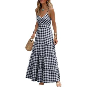 Caracilia Summer Maxi Dresses for Women Spaghetti Strap Back Smocked A Line V Neck Casual Long Dress Beach Vacation Clothes(Black White Plaid)