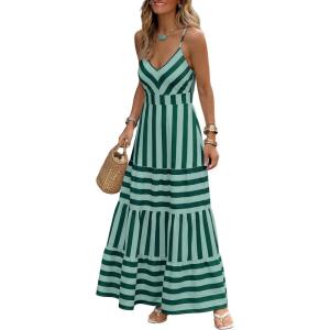 Caracilia Summer Maxi Dresses for Women Spaghetti Strap Back Smocked A Line V Neck Casual Long Dress Beach Vacation Clothes(Blue Green Stripe)