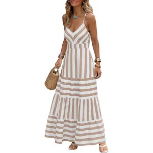 Caracilia Summer Maxi Dresses for Women Spaghetti Strap Back Smocked A Line V Neck Casual Long Dress Beach Vacation Clothes(White Khaki Stripe)