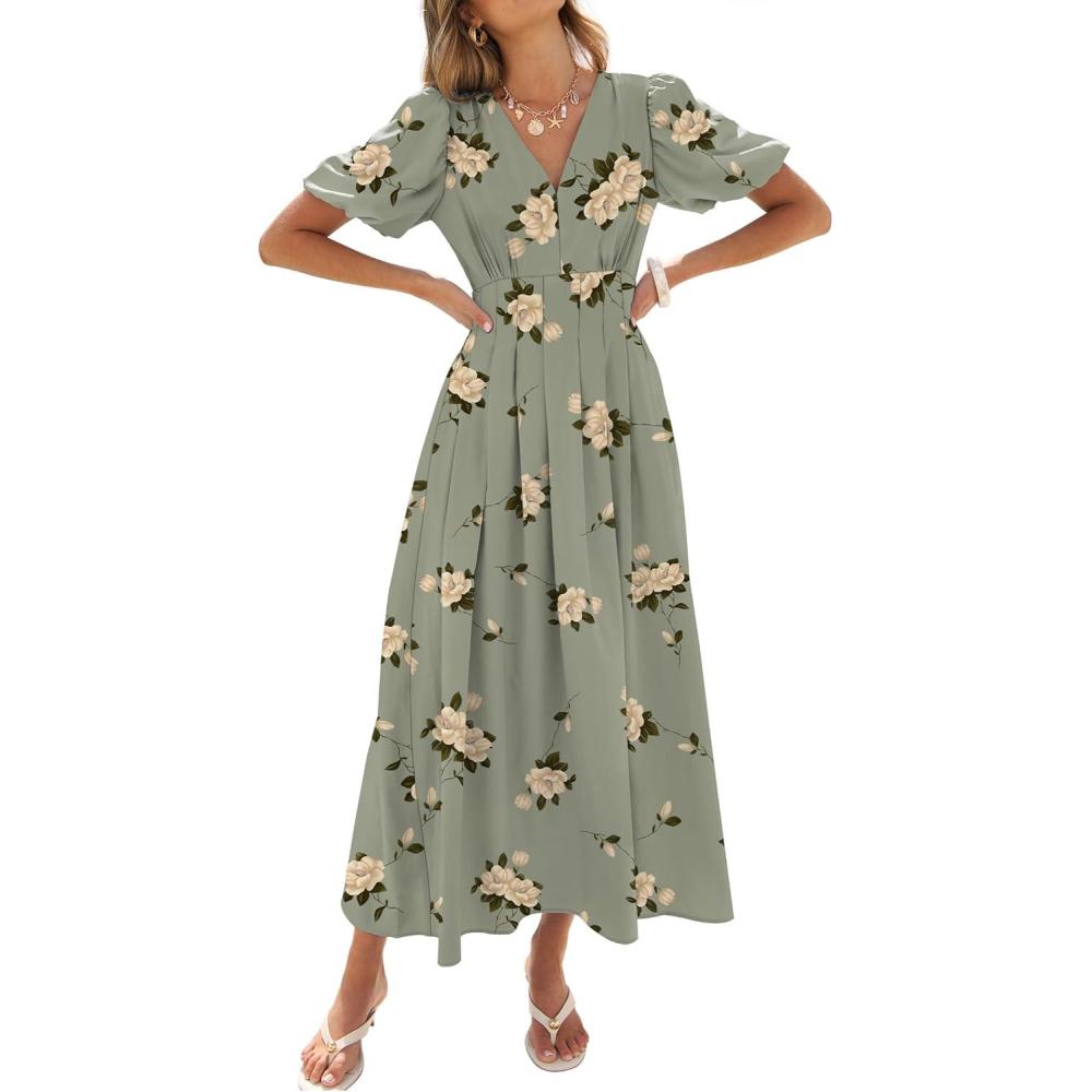 imageCaracilia Womens Short Puff Sleeve Maxi Dress Boho Floral A Line V Neck Spring Summer Formal Wedding Guest Party Long DressesFloral Green