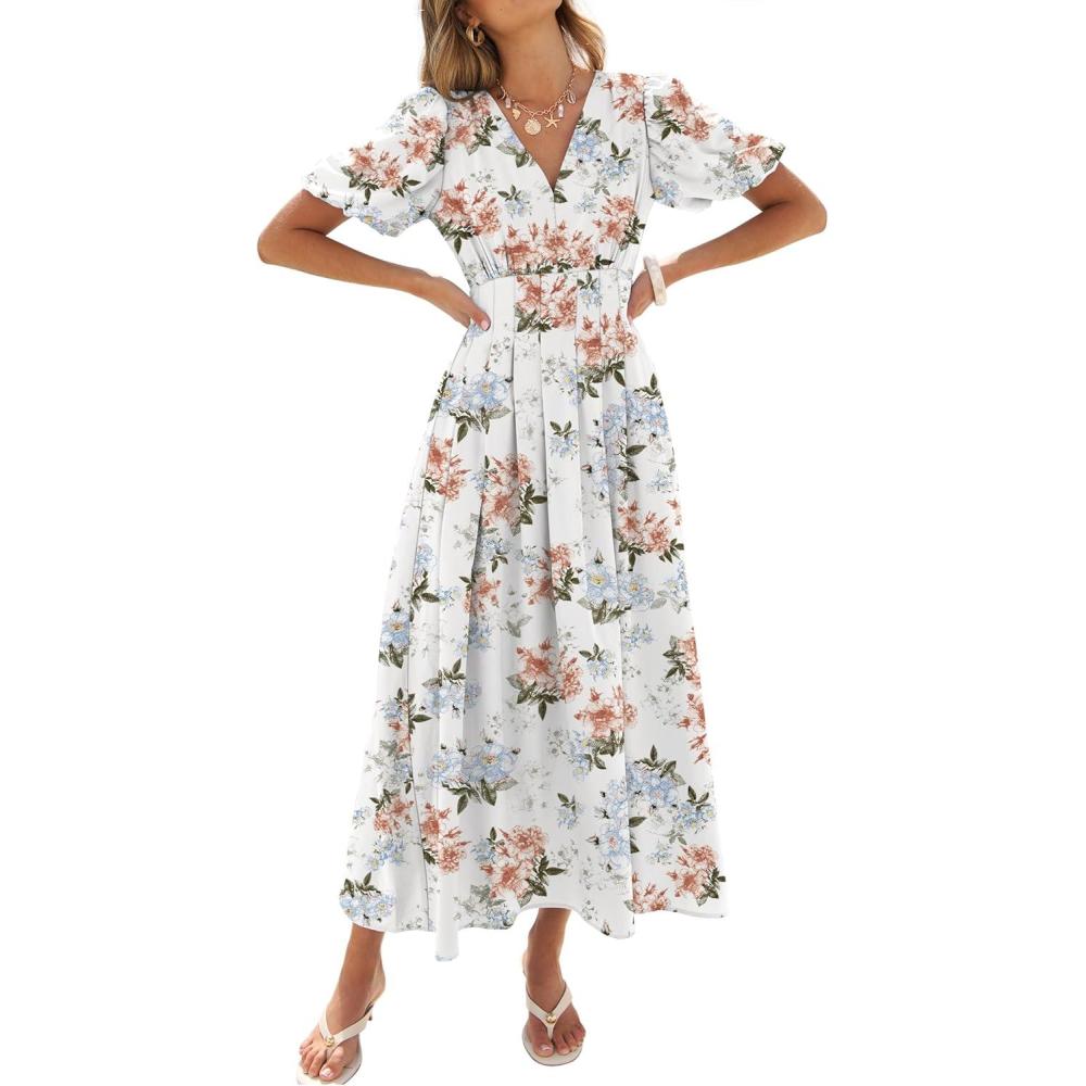 imageCaracilia Womens Short Puff Sleeve Maxi Dress Boho Floral A Line V Neck Spring Summer Formal Wedding Guest Party Long DressesFloral White