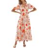 imageCaracilia Womens Short Puff Sleeve Maxi Dress Boho Floral A Line V Neck Spring Summer Formal Wedding Guest Party Long DressesFloral Orange