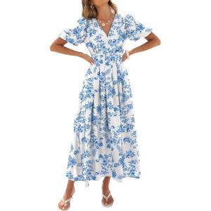 Caracilia Womens Short Puff Sleeve Maxi Dress Boho Floral A Line V Neck Spring Summer Formal Wedding Guest Party Long Dresses(Floral Blue)