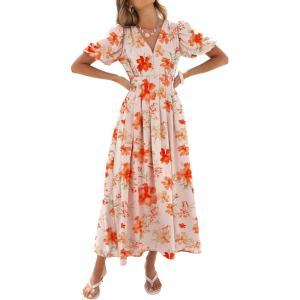 Caracilia Womens Short Puff Sleeve Maxi Dress Boho Floral A Line V Neck Spring Summer Formal Wedding Guest Party Long Dresses(Floral Orange)