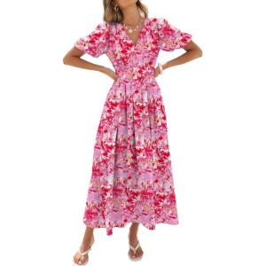 Caracilia Womens Short Puff Sleeve Maxi Dress Boho Floral A Line V Neck Spring Summer Formal Wedding Guest Party Long Dresses(Floral Pink)