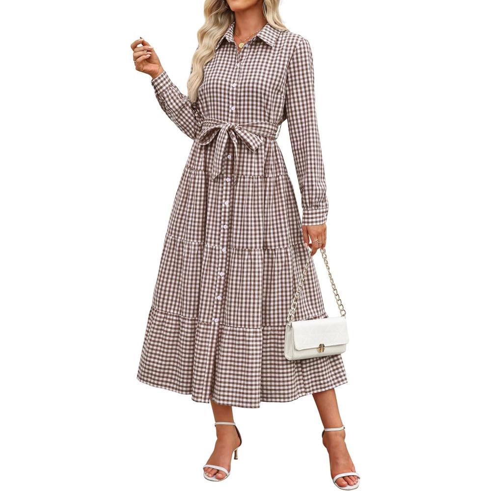 imageCaracilia Women Long Sleeve Maxi Dress 2026 Spring Casual Button Down Striped Plaid Tie Waist Shirt Dresses Vacation OutfitsBrown Plaid