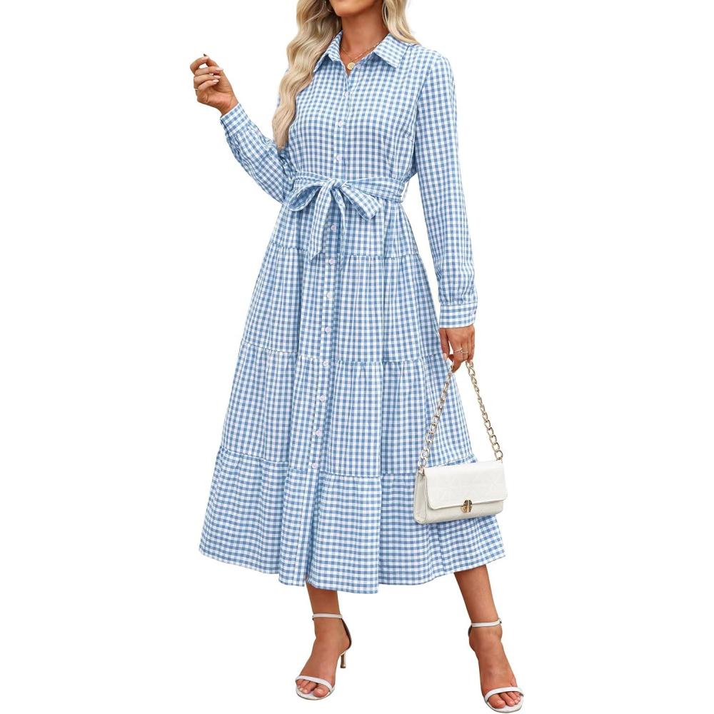 imageCaracilia Women Long Sleeve Maxi Dress 2026 Spring Casual Button Down Striped Plaid Tie Waist Shirt Dresses Vacation OutfitsLight Blue Plaid