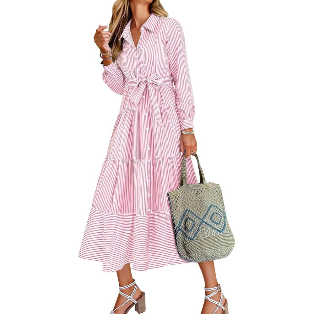 imageCaracilia Women Long Sleeve Maxi Dress 2026 Spring Casual Button Down Striped Plaid Tie Waist Shirt Dresses Vacation OutfitsPink Stripe