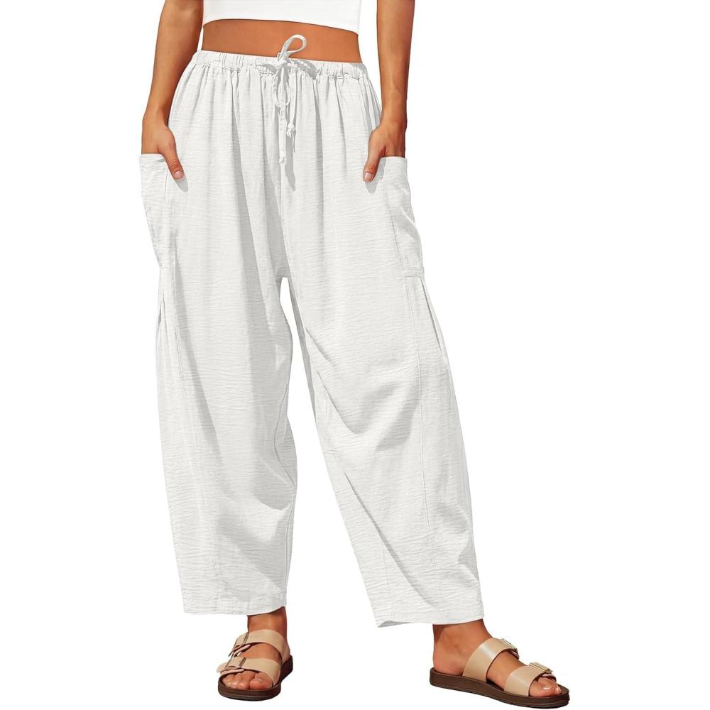 imageCaracilia Womens Wide Leg Pants 2026 Summer Palazzo Casual Loose Drawstring Lounge Flowy Beach Travel Vacation Harem TrousersWhite