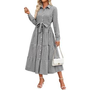 Caracilia Women Long Sleeve Maxi Dress 2026 Spring Casual Button Down Striped Plaid Tie Waist Shirt Dresses Vacation Outfits(Black Plaid)